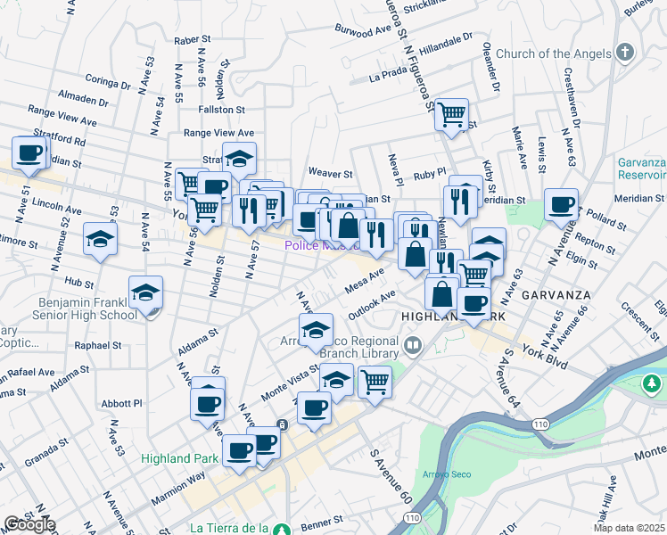 map of restaurants, bars, coffee shops, grocery stores, and more near 6160 Aldama Street in Los Angeles
