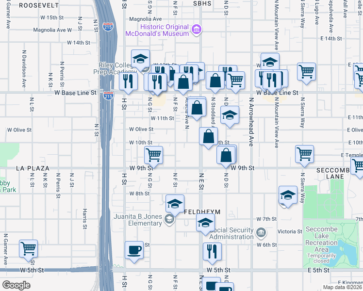 map of restaurants, bars, coffee shops, grocery stores, and more near 587 West 10th Street in San Bernardino