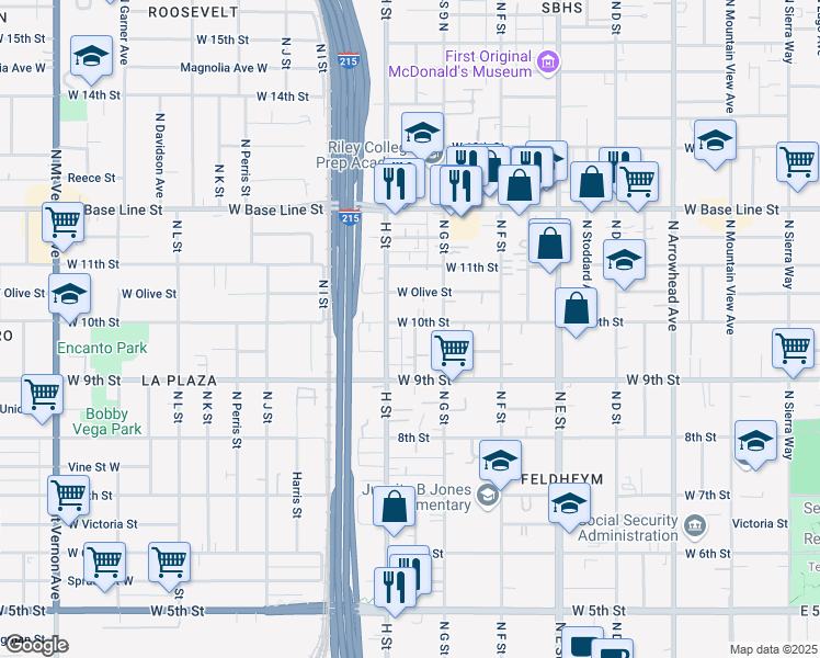 map of restaurants, bars, coffee shops, grocery stores, and more near 996 North Crescent Avenue in San Bernardino