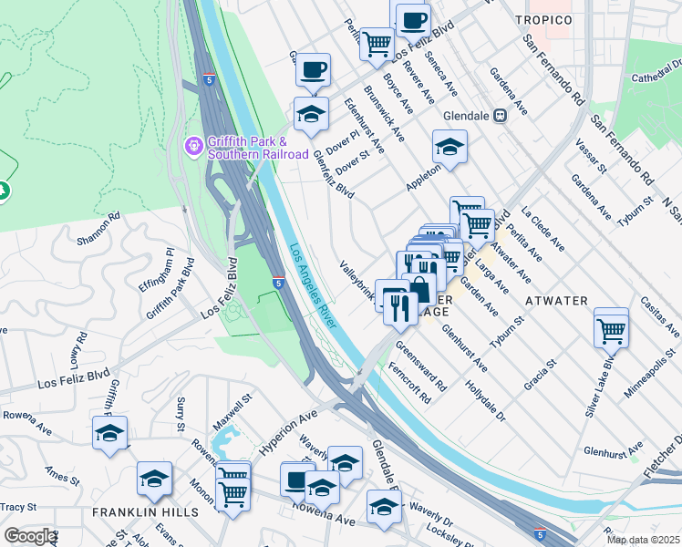 map of restaurants, bars, coffee shops, grocery stores, and more near 3733 Valleybrink Road in Los Angeles