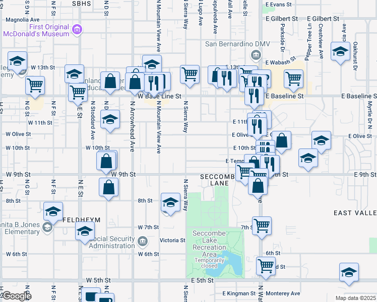 map of restaurants, bars, coffee shops, grocery stores, and more near 107 East 10th Street in San Bernardino