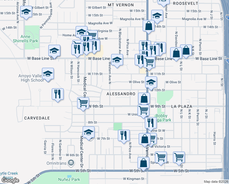 map of restaurants, bars, coffee shops, grocery stores, and more near 1495 West 10th Street in San Bernardino