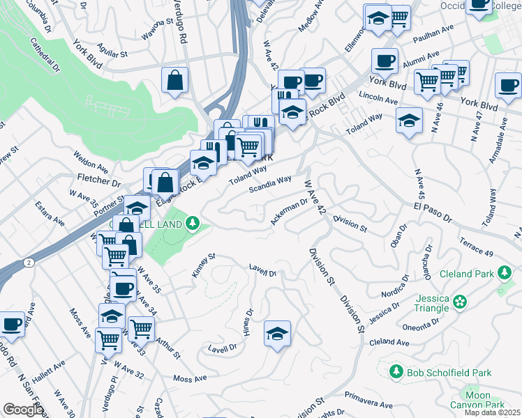 map of restaurants, bars, coffee shops, grocery stores, and more near 3920 Verdugo View Drive in Los Angeles