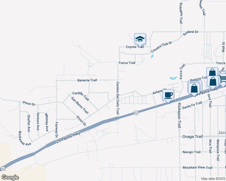 map of restaurants, bars, coffee shops, grocery stores, and more near 54838 El Prado Trail in Yucca Valley