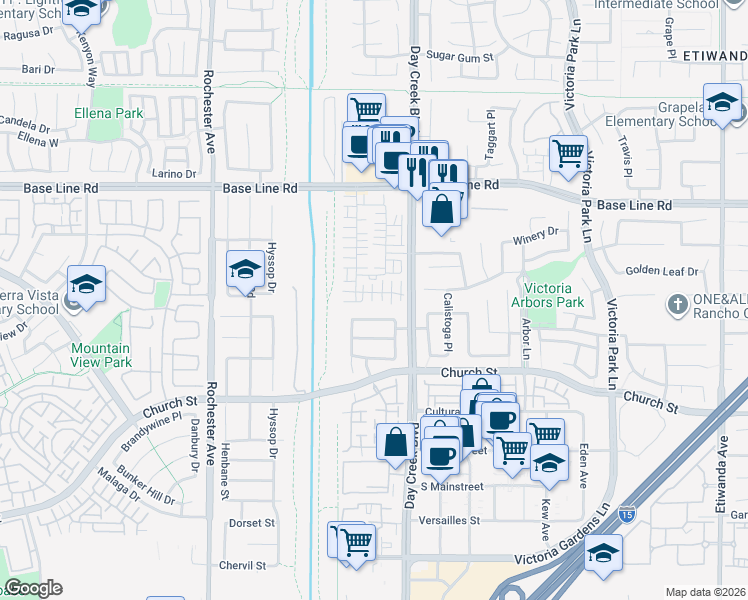 map of restaurants, bars, coffee shops, grocery stores, and more near 12247 Chorus Drive in Rancho Cucamonga