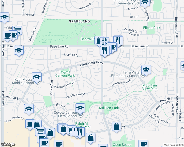 map of restaurants, bars, coffee shops, grocery stores, and more near 7545 Calais Court in Rancho Cucamonga