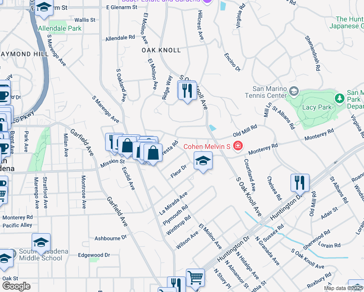 map of restaurants, bars, coffee shops, grocery stores, and more near 1670 Ramiro Road in Pasadena