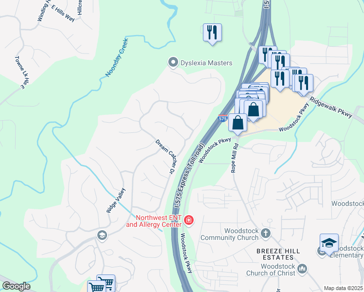 map of restaurants, bars, coffee shops, grocery stores, and more near 609 Overhill Drive in Woodstock