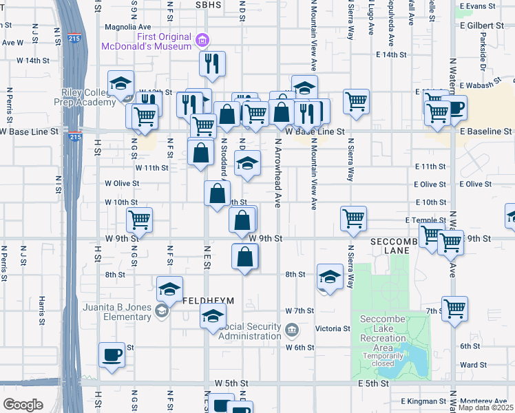 map of restaurants, bars, coffee shops, grocery stores, and more near 355 West 10th Street in San Bernardino