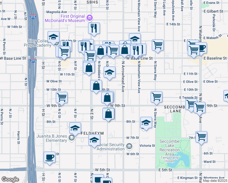 map of restaurants, bars, coffee shops, grocery stores, and more near 357 West 10th Street in San Bernardino