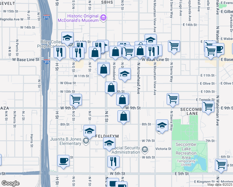 map of restaurants, bars, coffee shops, grocery stores, and more near 431 West 10th Street in San Bernardino