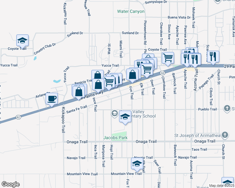 map of restaurants, bars, coffee shops, grocery stores, and more near 55626 Santa Fe Trail in Yucca Valley