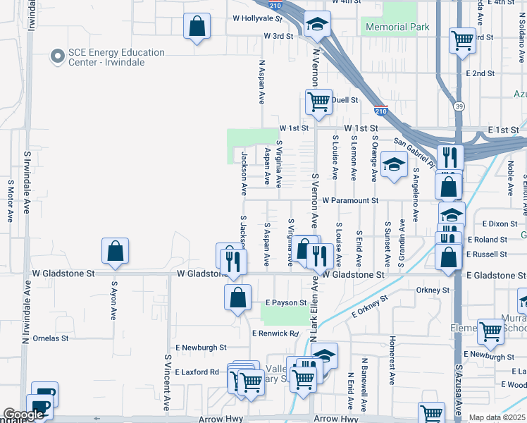 map of restaurants, bars, coffee shops, grocery stores, and more near 317 South Aspan Avenue in Azusa