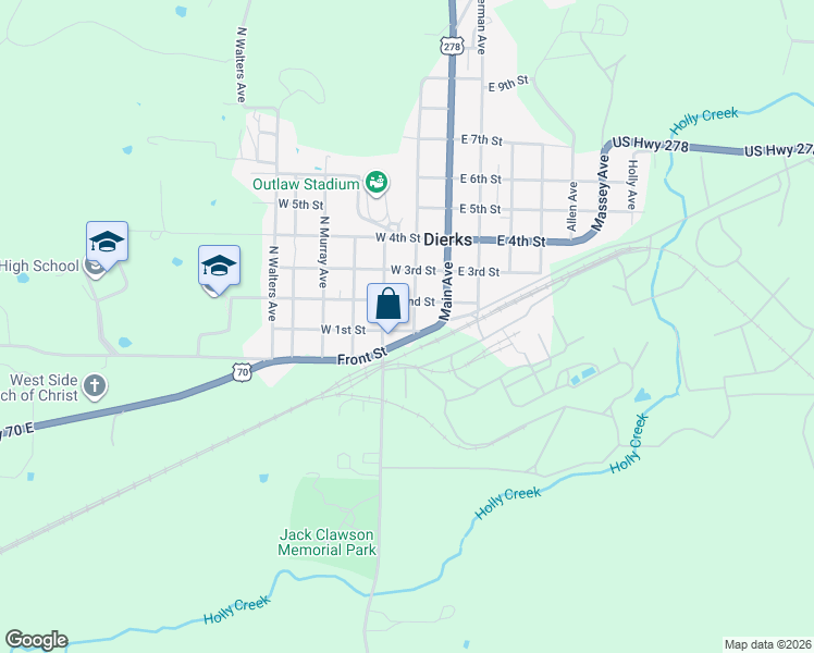 map of restaurants, bars, coffee shops, grocery stores, and more near 202 West 1st Street in Dierks