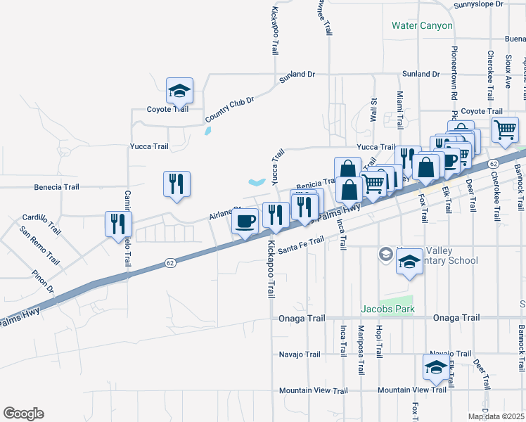 map of restaurants, bars, coffee shops, grocery stores, and more near 7484 Kickapoo Trail in Yucca Valley