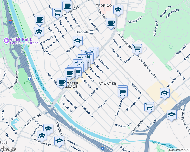 map of restaurants, bars, coffee shops, grocery stores, and more near 3454 Atwater Avenue in Los Angeles