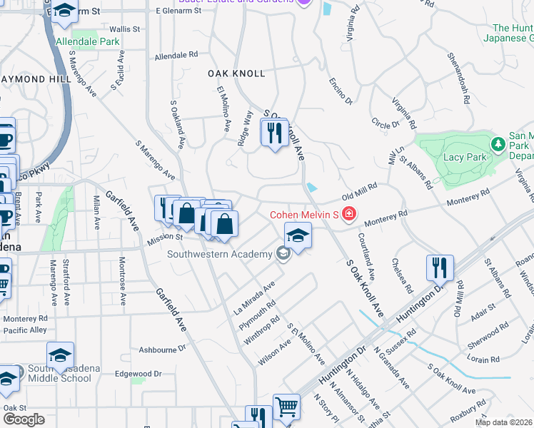 map of restaurants, bars, coffee shops, grocery stores, and more near 1670 Ramiro Road in Pasadena