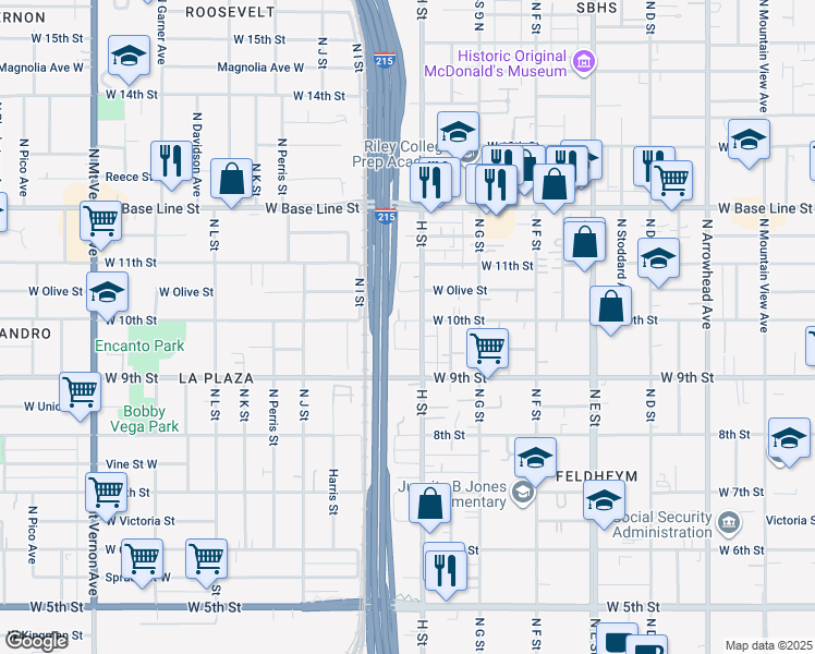 map of restaurants, bars, coffee shops, grocery stores, and more near 829 West 10th Street in San Bernardino