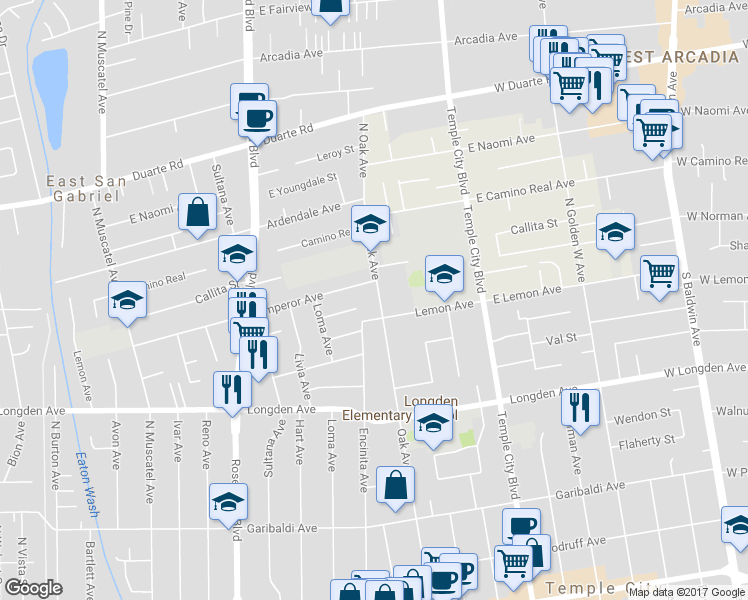 map of restaurants, bars, coffee shops, grocery stores, and more near 6523 Oak Avenue in Temple City