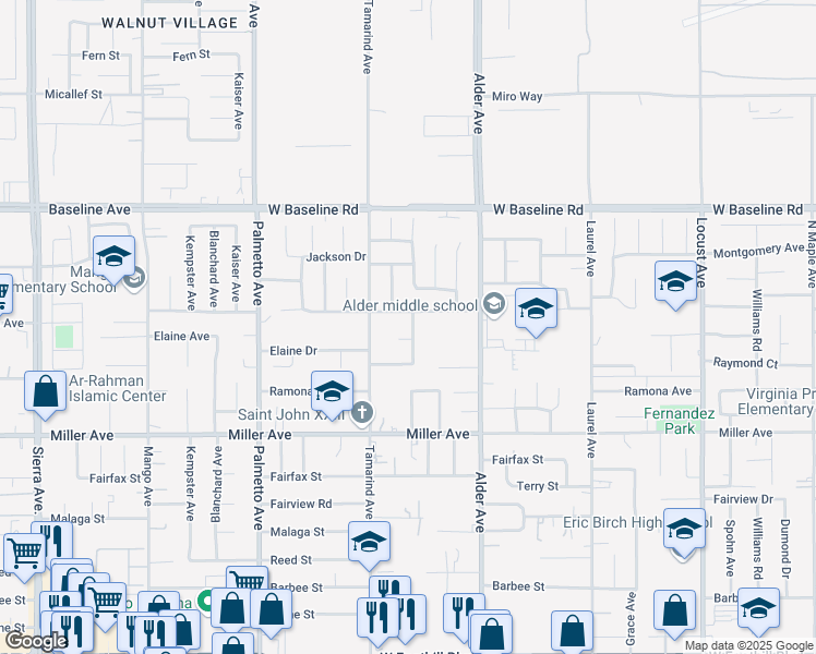 map of restaurants, bars, coffee shops, grocery stores, and more near 7502 Tangelo Avenue in Fontana