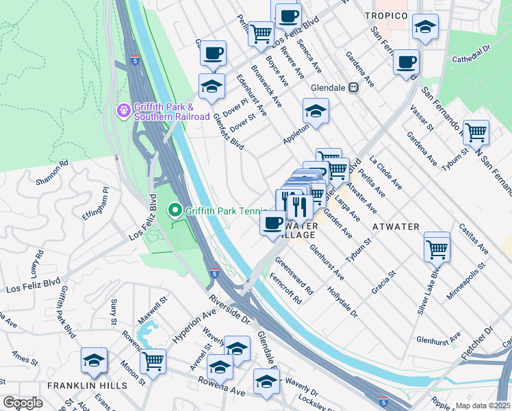 map of restaurants, bars, coffee shops, grocery stores, and more near 3024 Sunnynook Drive in Los Angeles