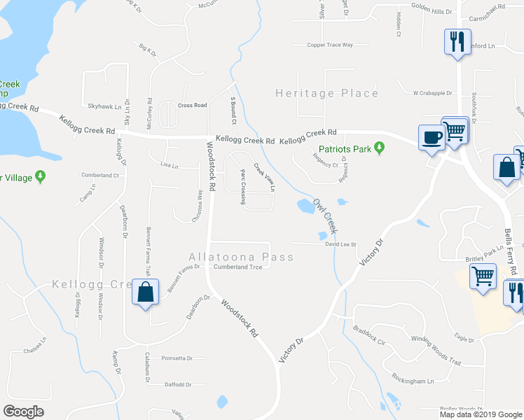 map of restaurants, bars, coffee shops, grocery stores, and more near 336 Parc Crossing in Acworth