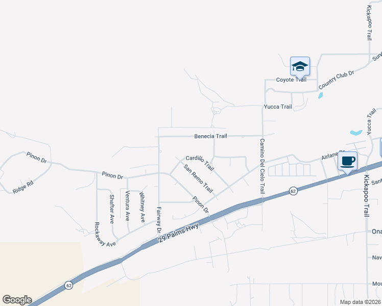 map of restaurants, bars, coffee shops, grocery stores, and more near 7425 Cardillo Trail in Yucca Valley