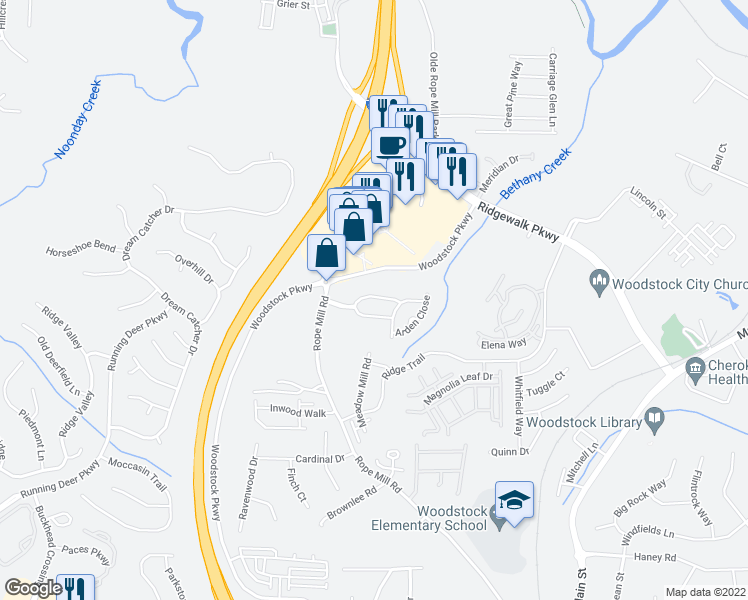 map of restaurants, bars, coffee shops, grocery stores, and more near 210 Winthrope Drive in Woodstock