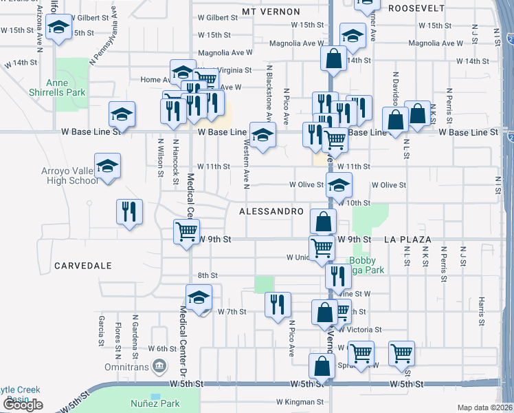 map of restaurants, bars, coffee shops, grocery stores, and more near 1495 West 10th Street in San Bernardino