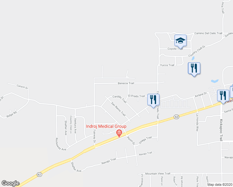 map of restaurants, bars, coffee shops, grocery stores, and more near 7425 Cardillo Trail in Yucca Valley