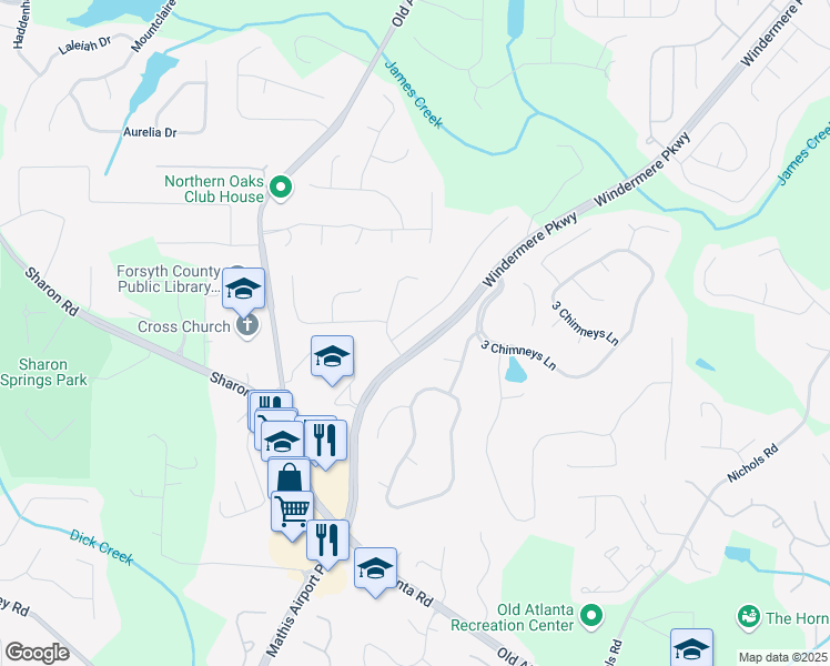 map of restaurants, bars, coffee shops, grocery stores, and more near 3530 Horizon Court in Cumming