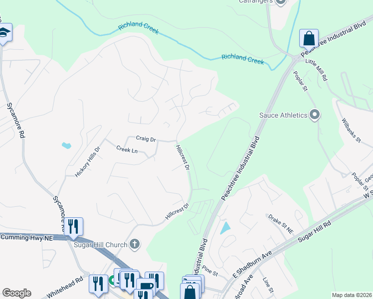 map of restaurants, bars, coffee shops, grocery stores, and more near 1437 Hillcrest Drive in Sugar Hill