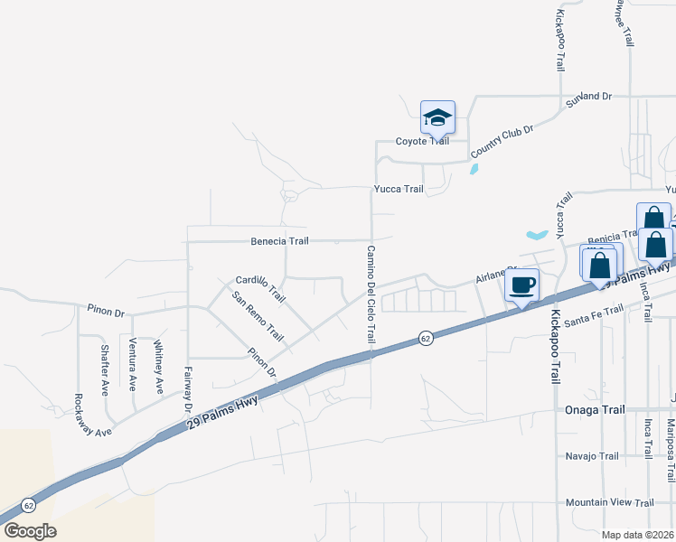 map of restaurants, bars, coffee shops, grocery stores, and more near 54836 El Prado Trail in Yucca Valley