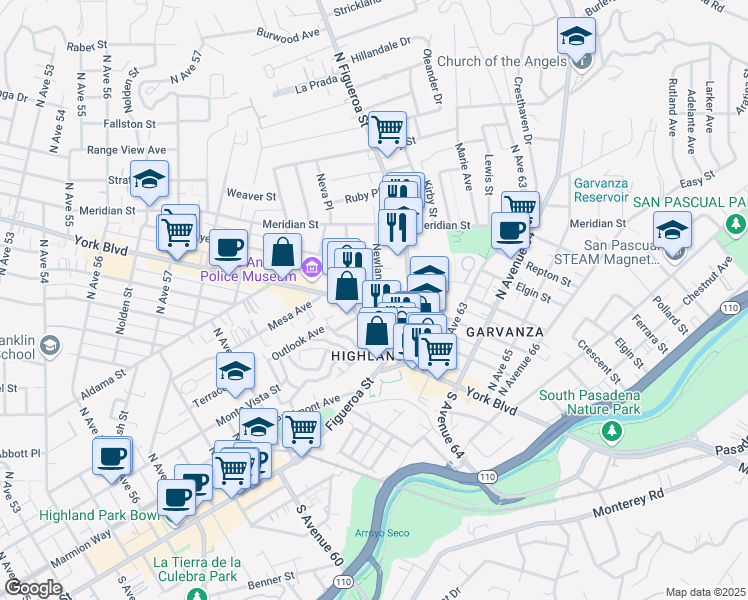 map of restaurants, bars, coffee shops, grocery stores, and more near 225 Newland St in Los Angeles