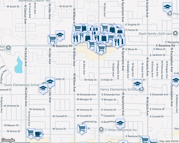 map of restaurants, bars, coffee shops, grocery stores, and more near 170 North Palm Avenue in Rialto