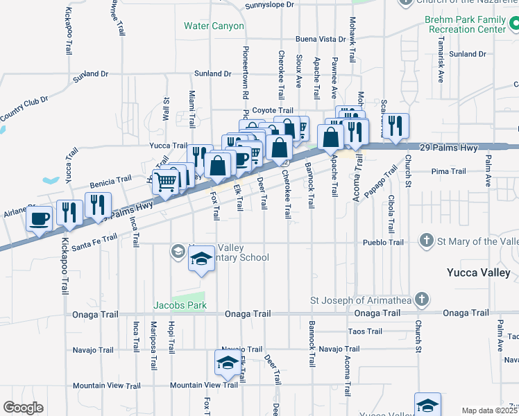 map of restaurants, bars, coffee shops, grocery stores, and more near 7422 Deer Trail in Yucca Valley