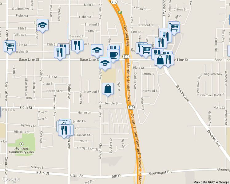 map of restaurants, bars, coffee shops, grocery stores, and more near 7511 Cienega Drive in Highland