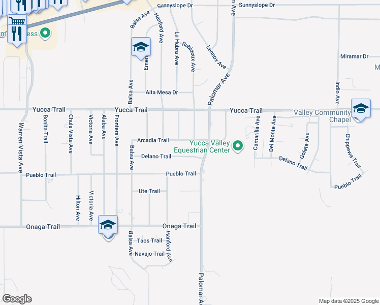 map of restaurants, bars, coffee shops, grocery stores, and more near 58374 Delano Trail in Yucca Valley