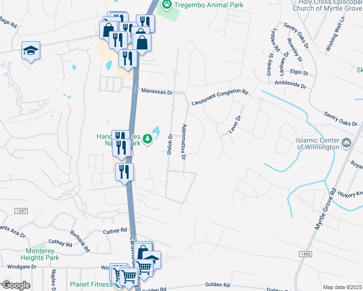 map of restaurants, bars, coffee shops, grocery stores, and more near Chancellorsville Drive in Wilmington