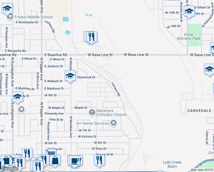 map of restaurants, bars, coffee shops, grocery stores, and more near 1010 Terrace Road in San Bernardino