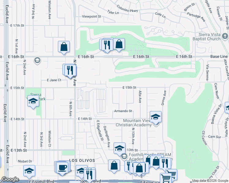 map of restaurants, bars, coffee shops, grocery stores, and more near 1488 Fernando Avenue in Upland