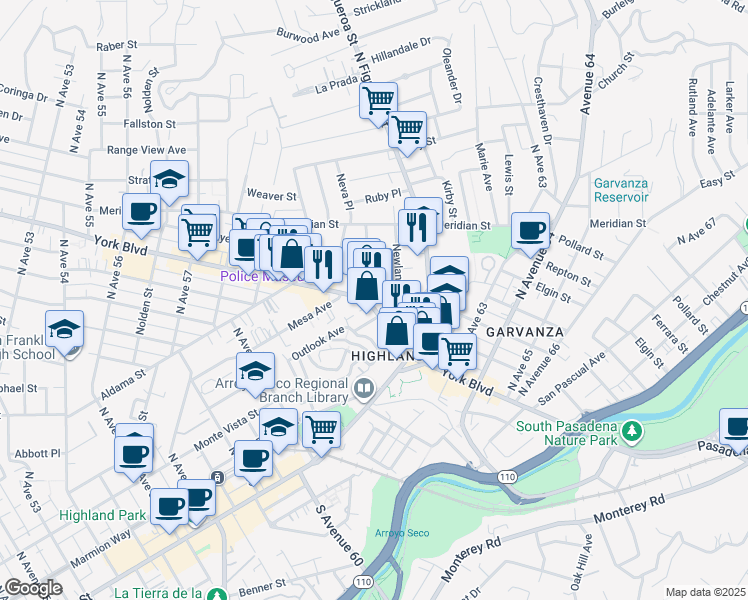 map of restaurants, bars, coffee shops, grocery stores, and more near 6101 York Boulevard in Los Angeles