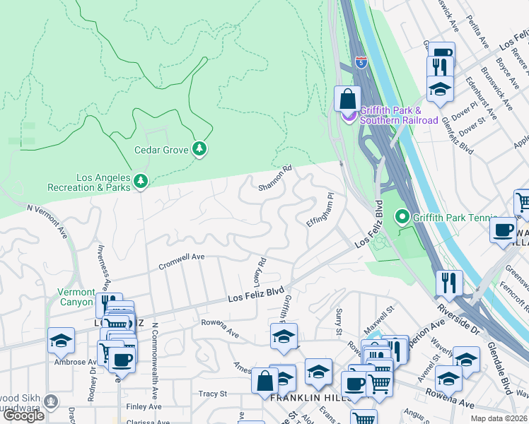map of restaurants, bars, coffee shops, grocery stores, and more near 3916 Carnavon Way in Los Angeles