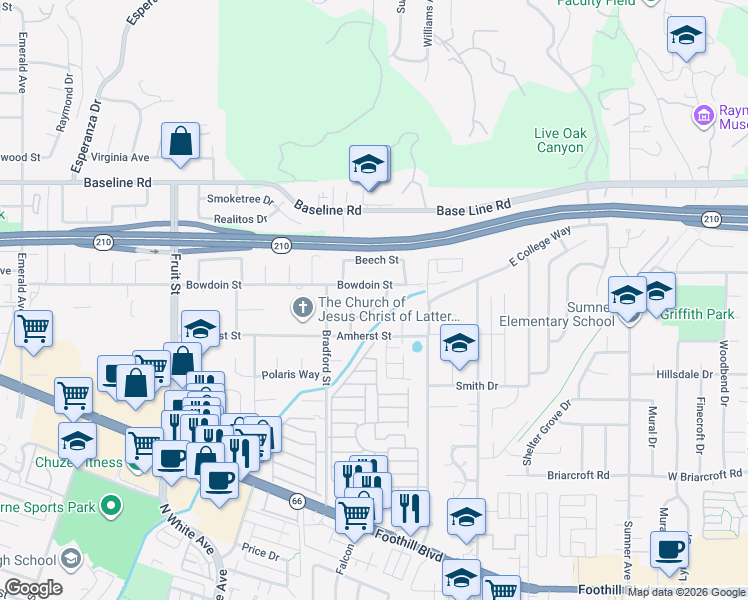 map of restaurants, bars, coffee shops, grocery stores, and more near 4257 Meadow Street in La Verne