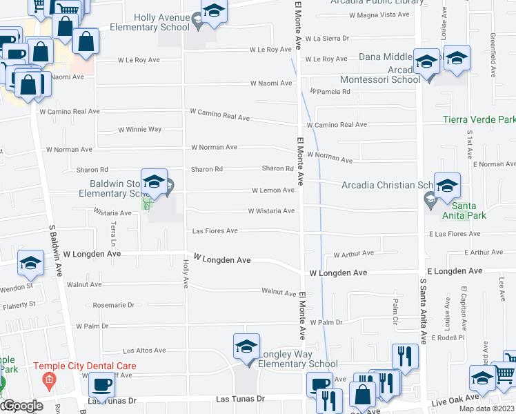map of restaurants, bars, coffee shops, grocery stores, and more near 263 West Wistaria Avenue in Arcadia