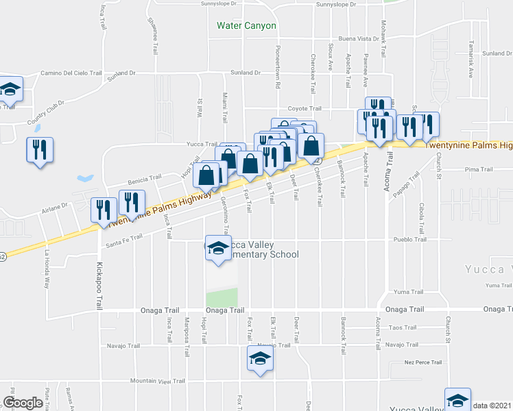 map of restaurants, bars, coffee shops, grocery stores, and more near 55747 Santa Fe Trail in Yucca Valley