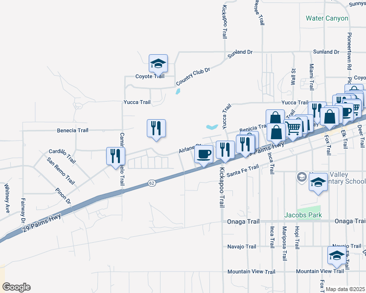 map of restaurants, bars, coffee shops, grocery stores, and more near 55150 Airlane Drive in Yucca Valley