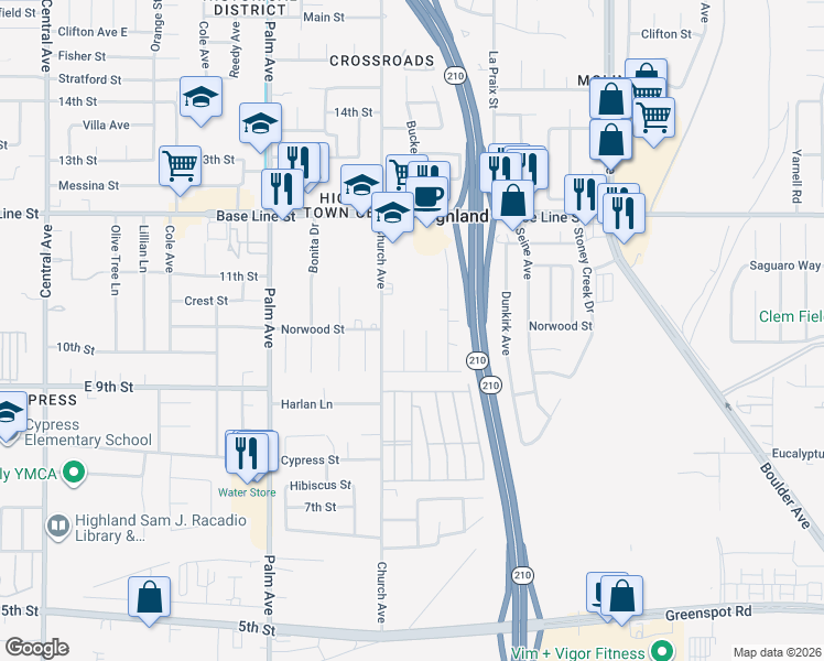 map of restaurants, bars, coffee shops, grocery stores, and more near 7511 Cienega Drive in Highland