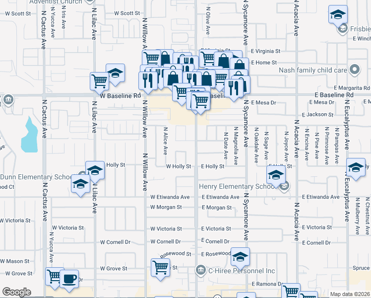 map of restaurants, bars, coffee shops, grocery stores, and more near 170 North Palm Avenue in Rialto