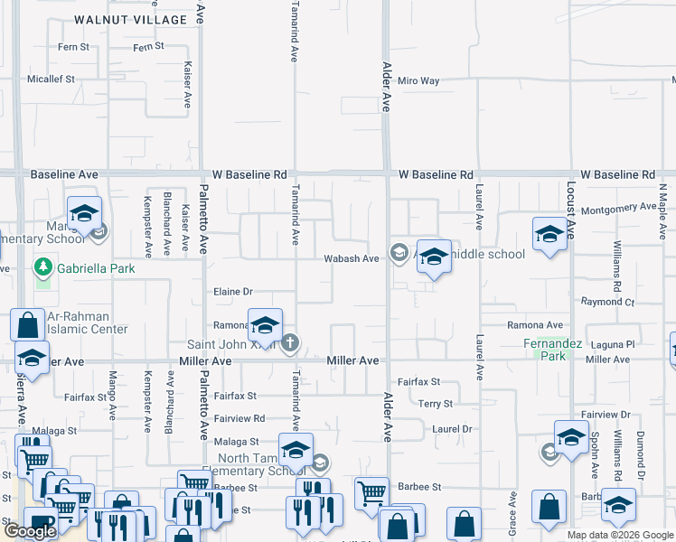 map of restaurants, bars, coffee shops, grocery stores, and more near 7502 Tangelo Avenue in Fontana